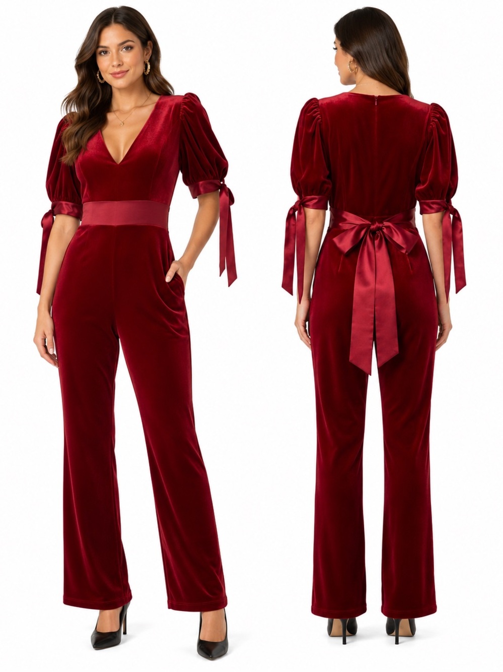 Endless Rose Deep Red Velvet Puff-Sleeve jumpsuit